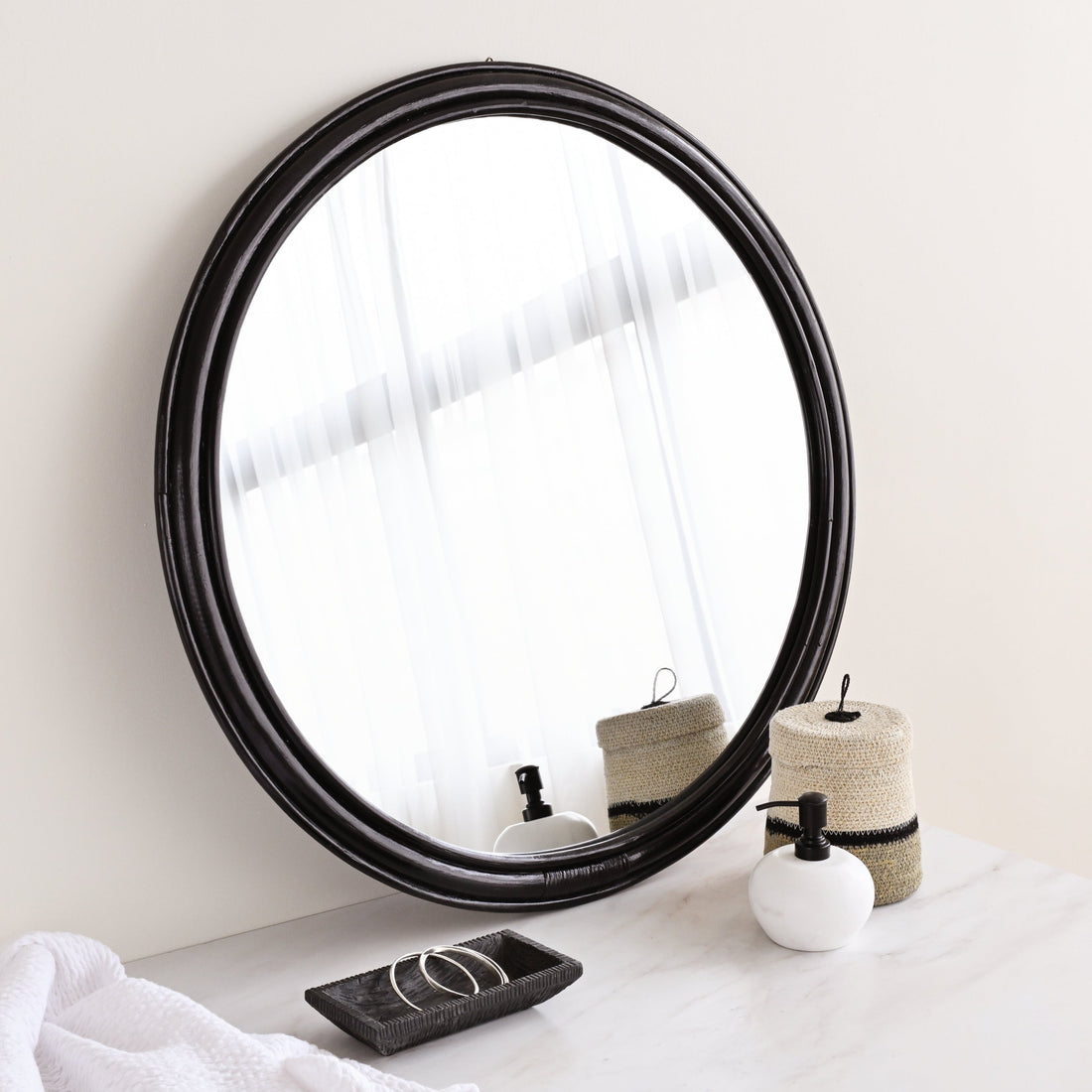 Black Round Rattan Mirror