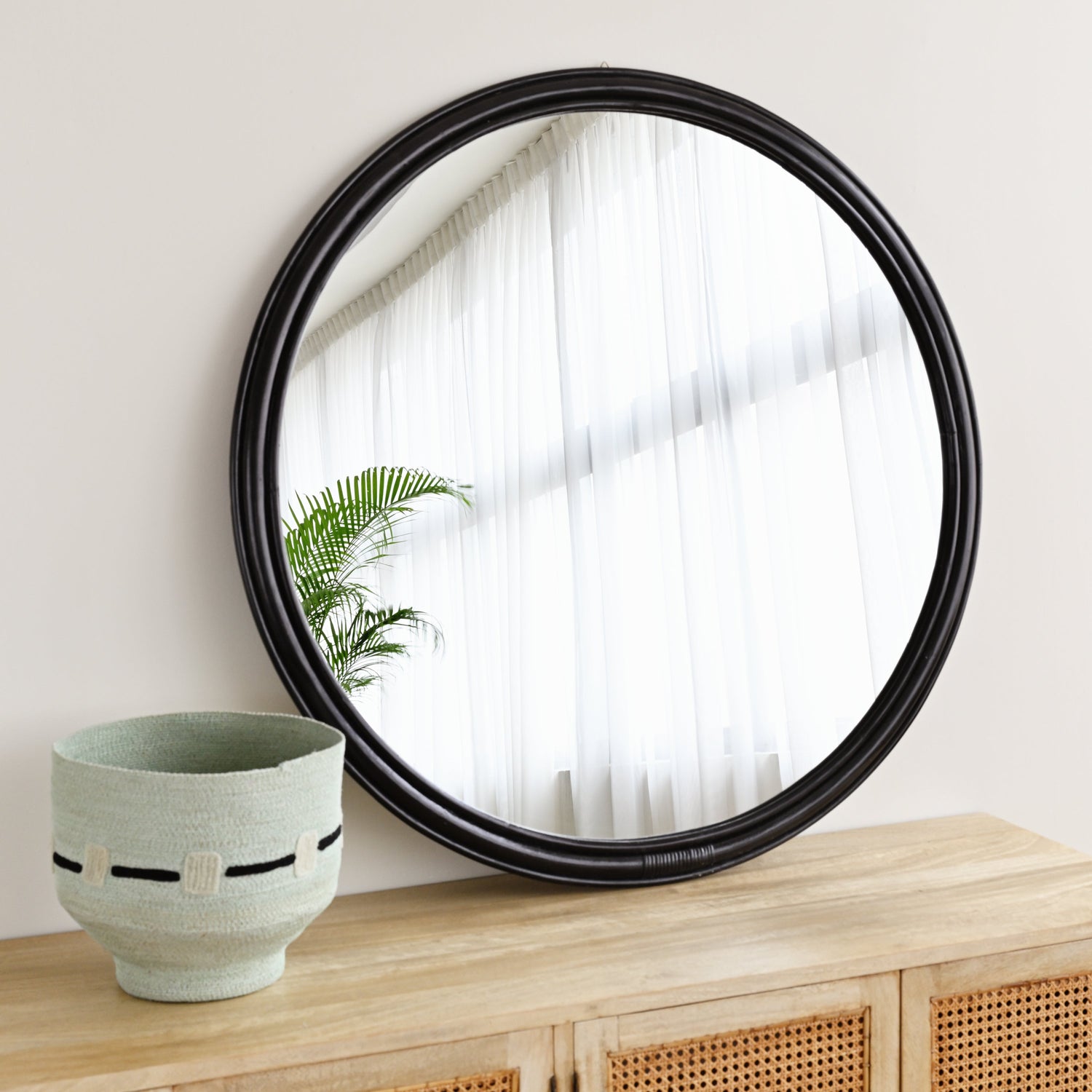 Black Round Rattan Mirror 1