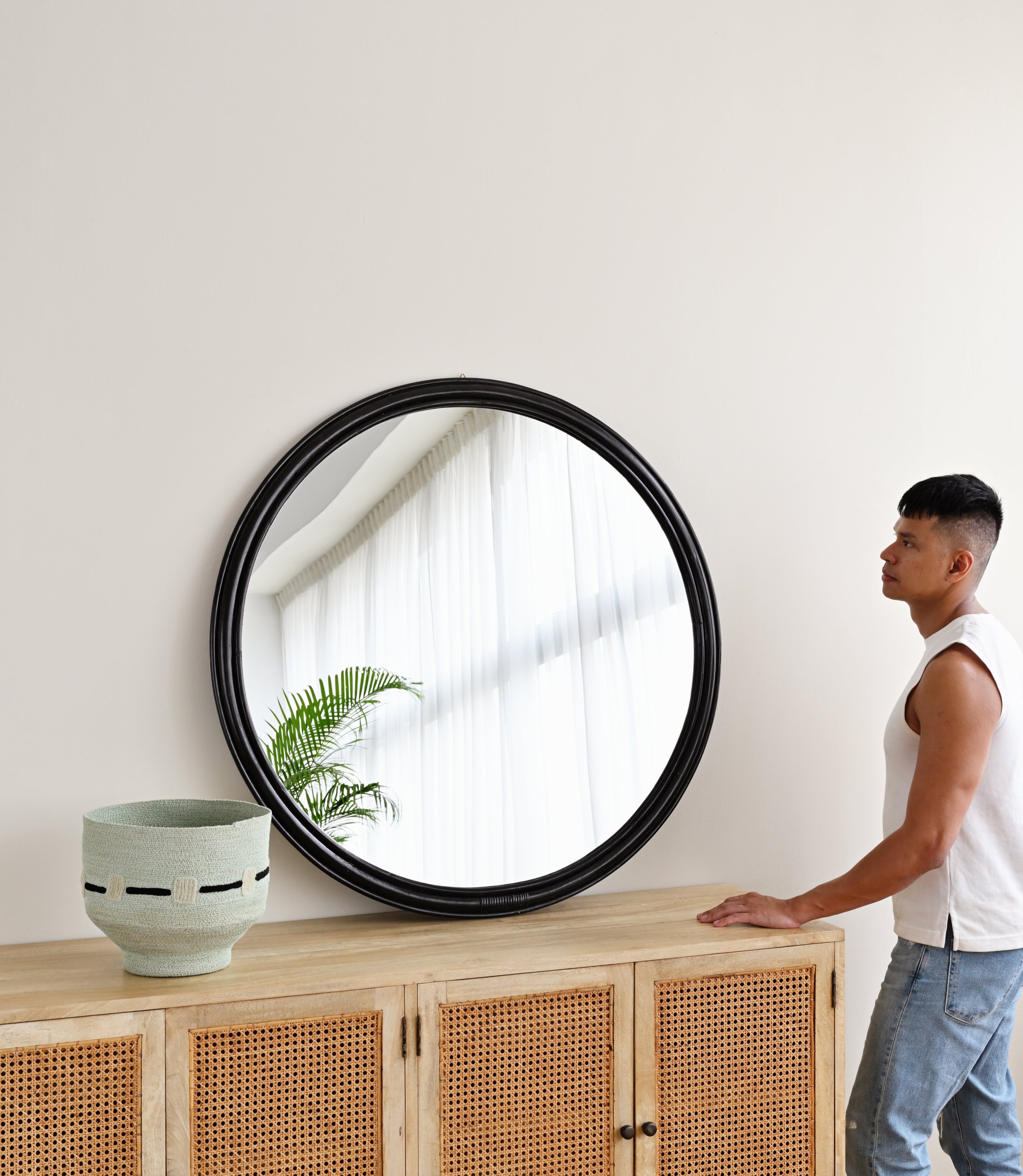 Black Round Rattan Mirror 2