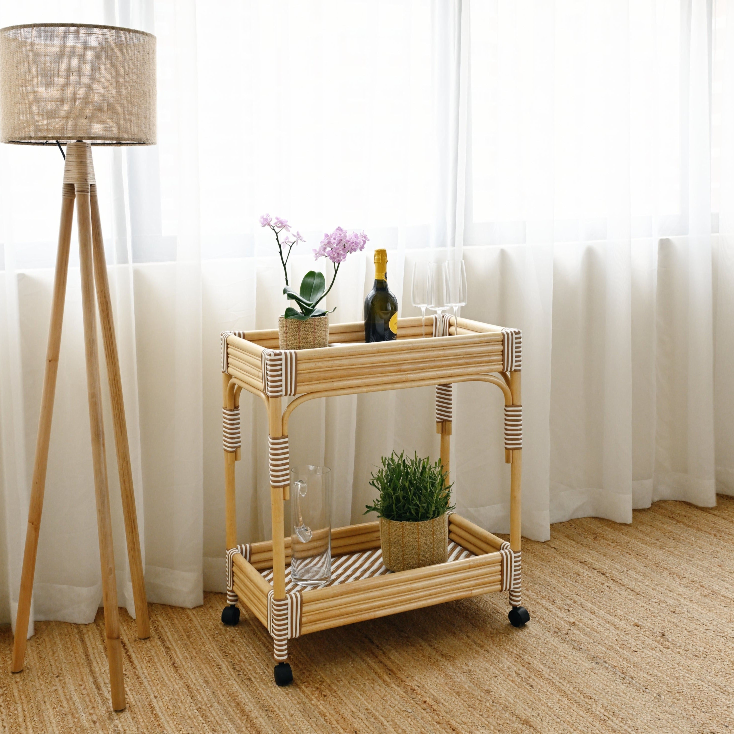 Isola Rattan Bar Cart - White and Tan