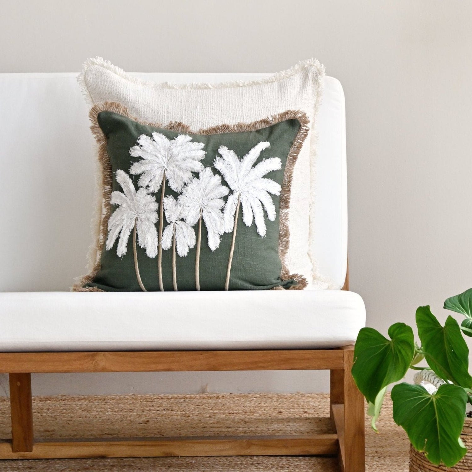 White Green Linen Bali Palms Cushion 1