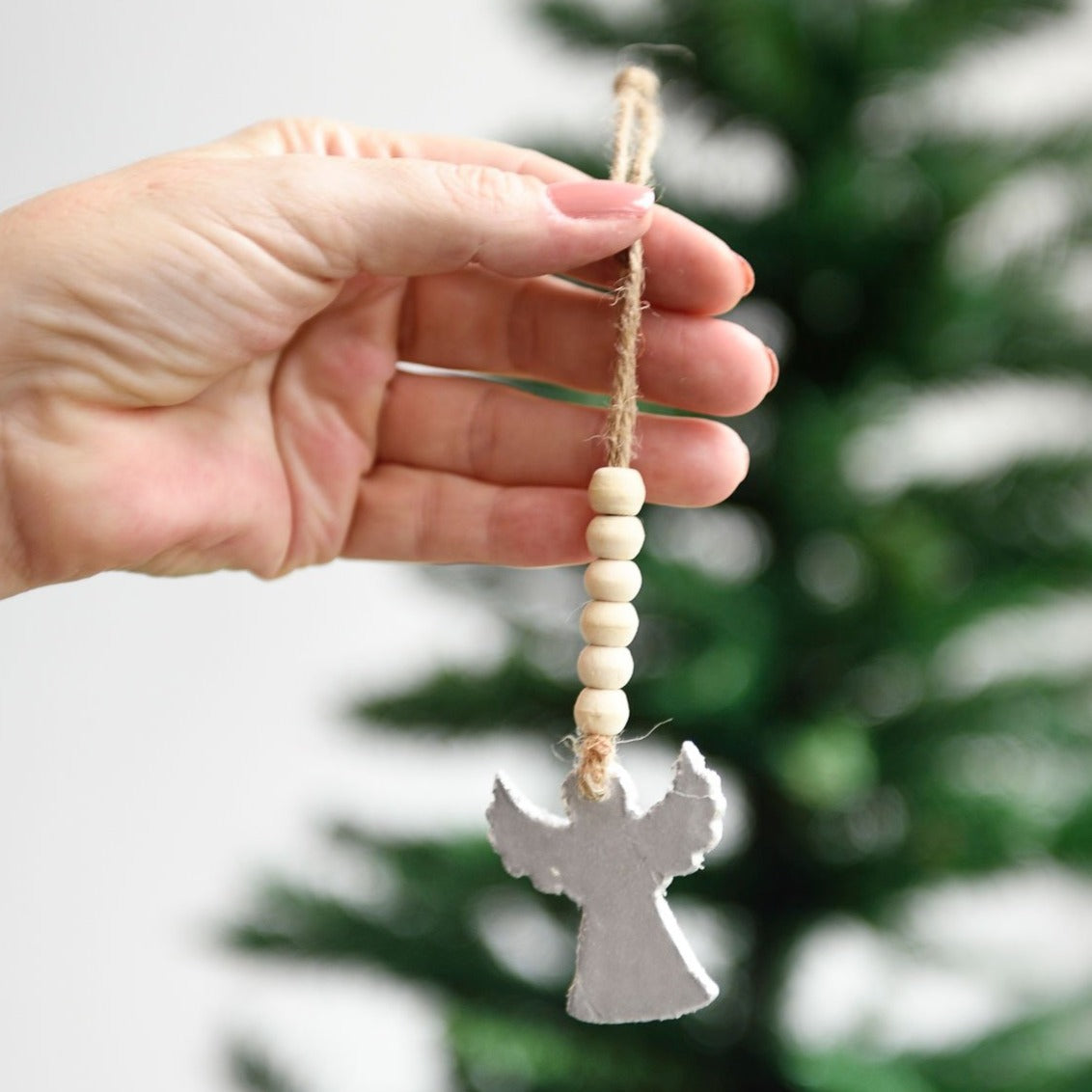 Silver Christmas Tree Ornament with Wooden Beads